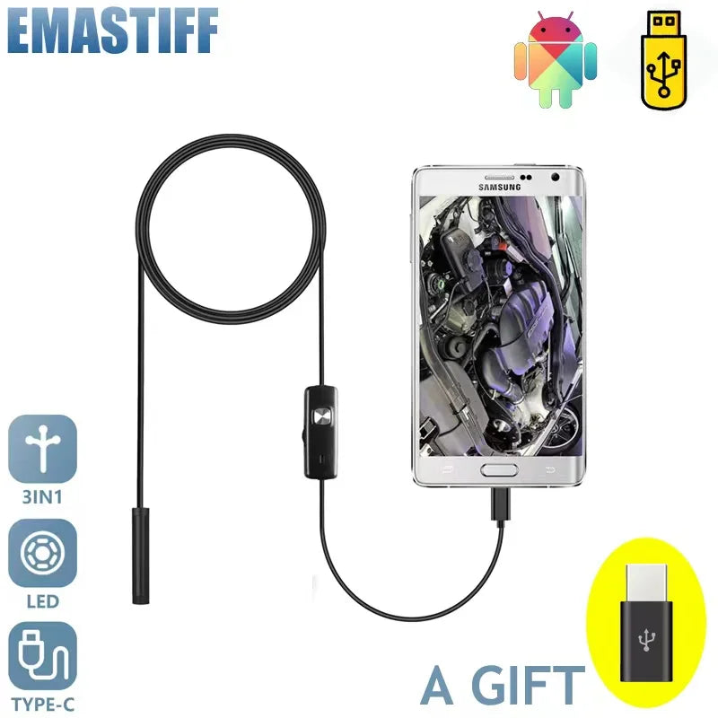7Mm Endoscope Camera Flexible IP67 Waterproof Micro USB Inspection Borescope Camera for Android PC Notebook 6Leds Adjustable